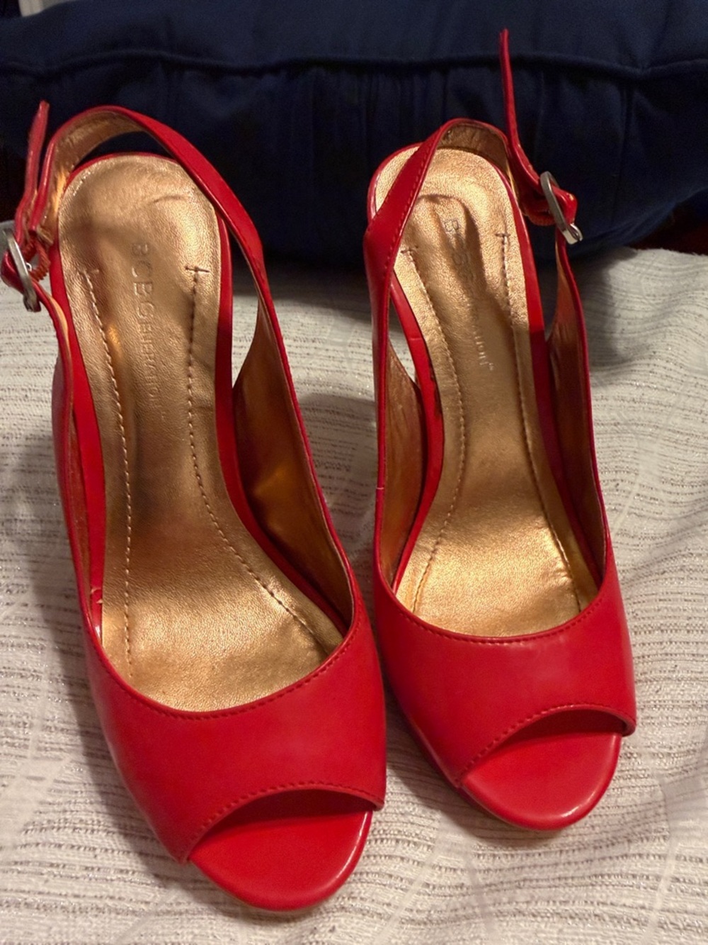 BCBGeneration Red Peep-Toe Slingback Heels with Gold Insole